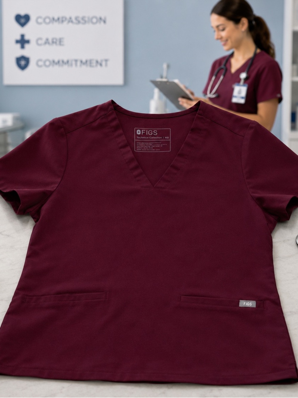 Figs Women's V-Neck Scrub Top in Burgundy